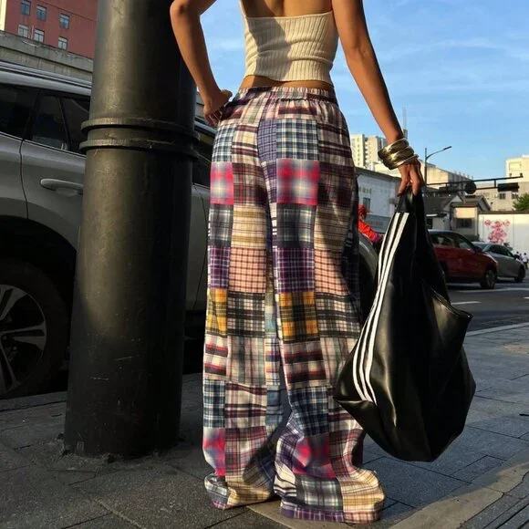 Multicolor Casual Women's Tropical Vacation Plaid Baggy Pants - Picture 2 of 5